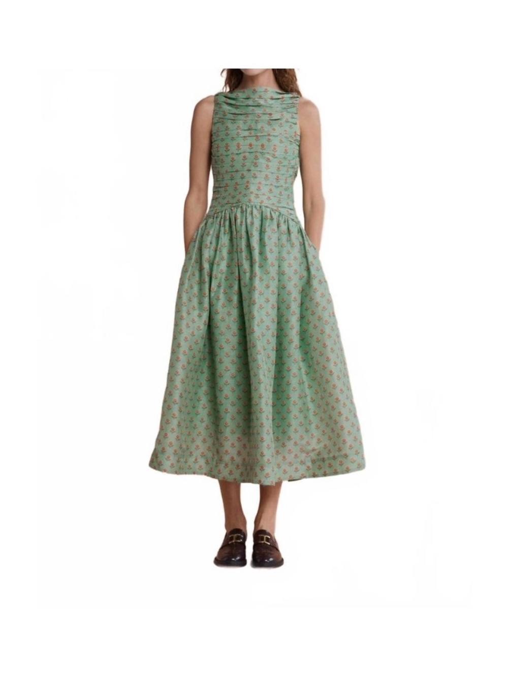 New LOVAAN Val Ruched Linen-Silk Dress In Green Rose